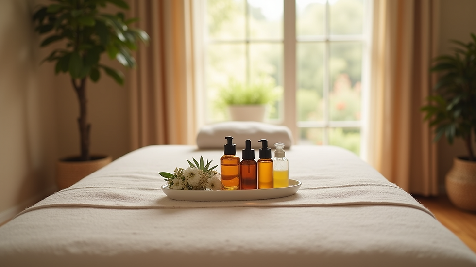 Vue en gros plan d'une table de massage avec des huiles essentielles