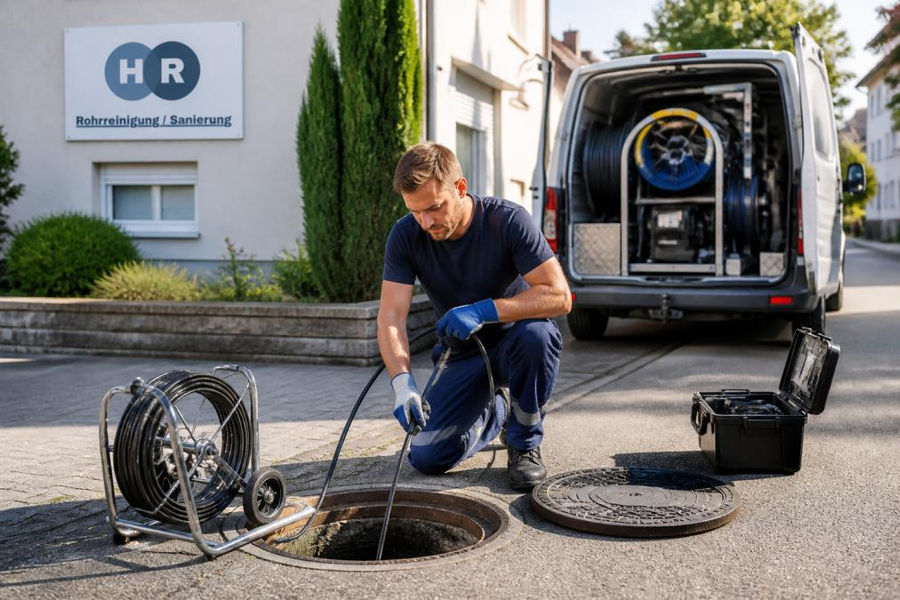 Fachmann führt HD-Kamerasonde mit Monitorüberwachung in einen Revisionsschacht ein, um das Rohrsystem zu inspizieren, helles Tageslicht, professionelle Arbeitsumgebung