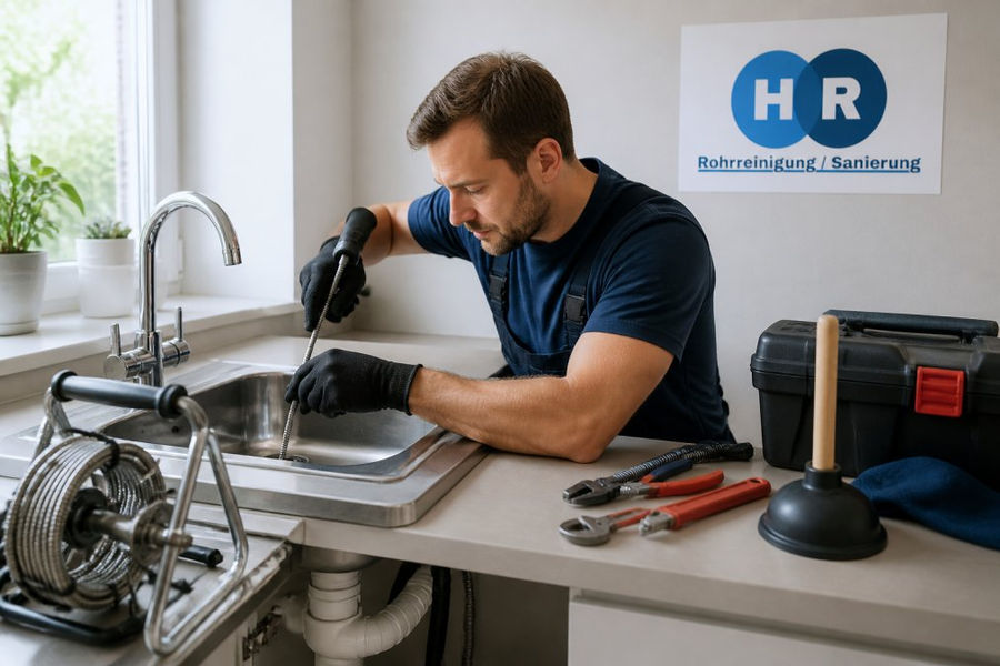 Hausbesitzer mit Rohrreinigungsspiralen und Handschuhen bei der Arbeit an einem Waschbeckenabfluss, verschiedene Werkzeuge auf einem Tisch daneben, natürliche Beleuchtung