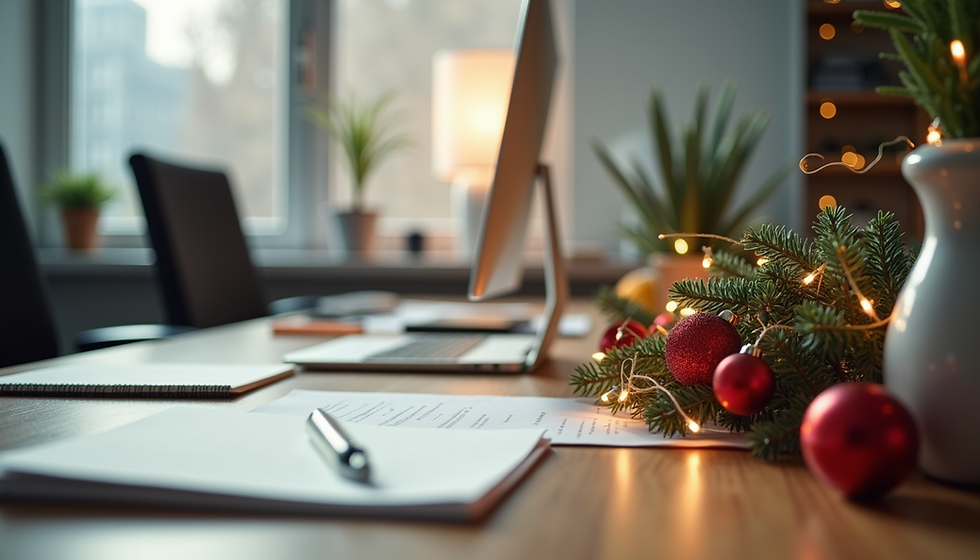 Office desk with laptop, red holiday ornaments and festive decor in Bozeman, MT