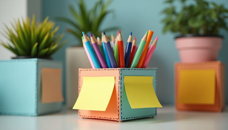 Close-up view of a colorful desk organizer filled with pens, sticky notes, and small plants