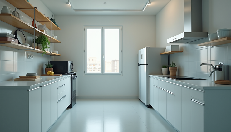 Eye-level view of a clean and organized office kitchen with labeled shelves and appliances