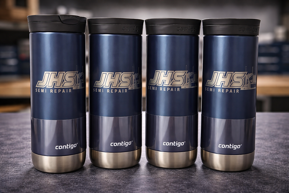 Four navy Contigo travel mugs, JHS SEMI REPAIR logo