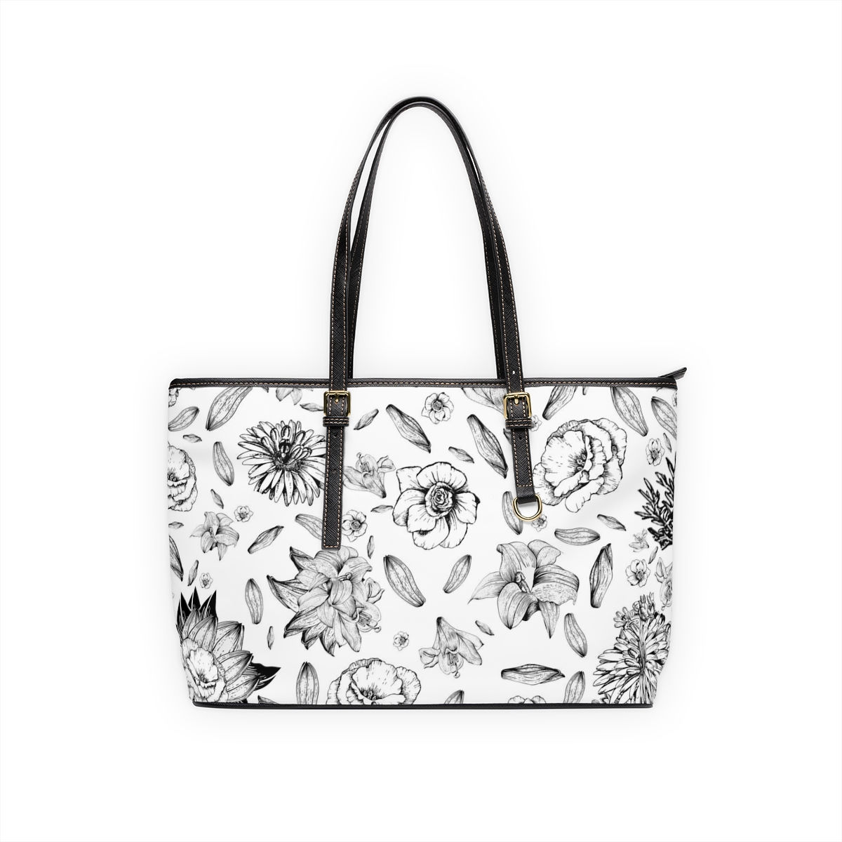 Leather Shoulder Bag in Black and White Flower