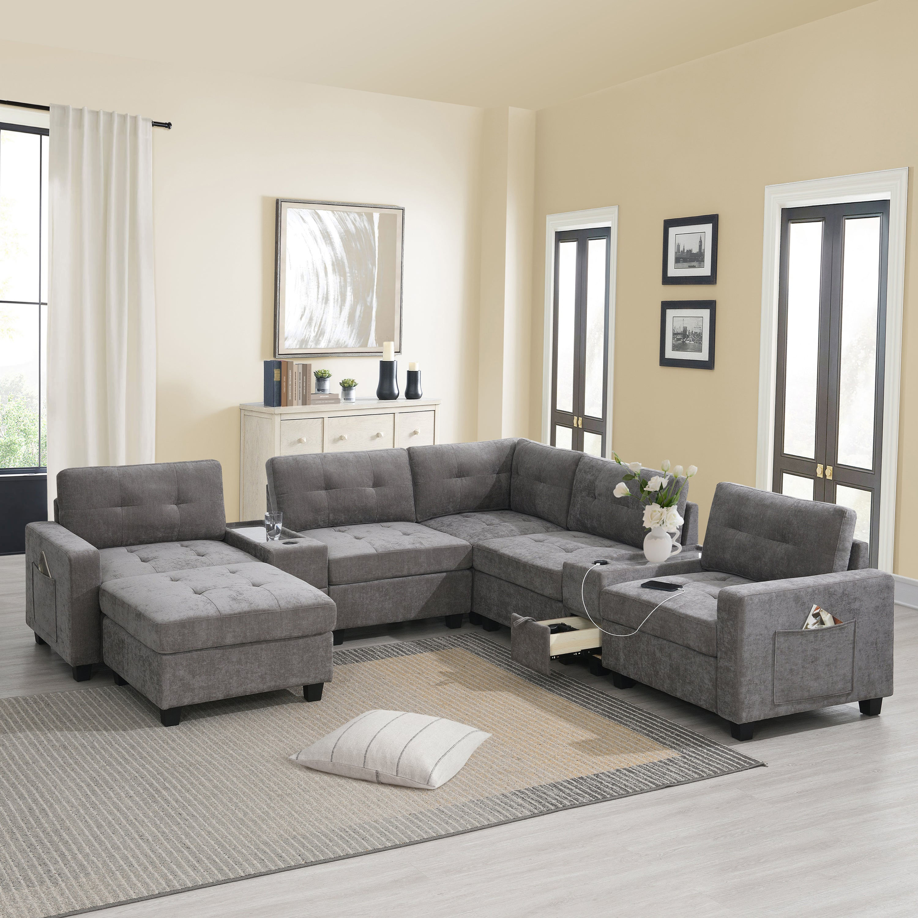 Sectional Sofa, Acrylic Table Top, 2 Consoles, USB Charger, & Drawers Storage