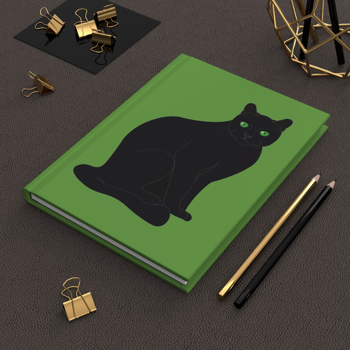 Hardcover Journal Matte Black Cat in Green