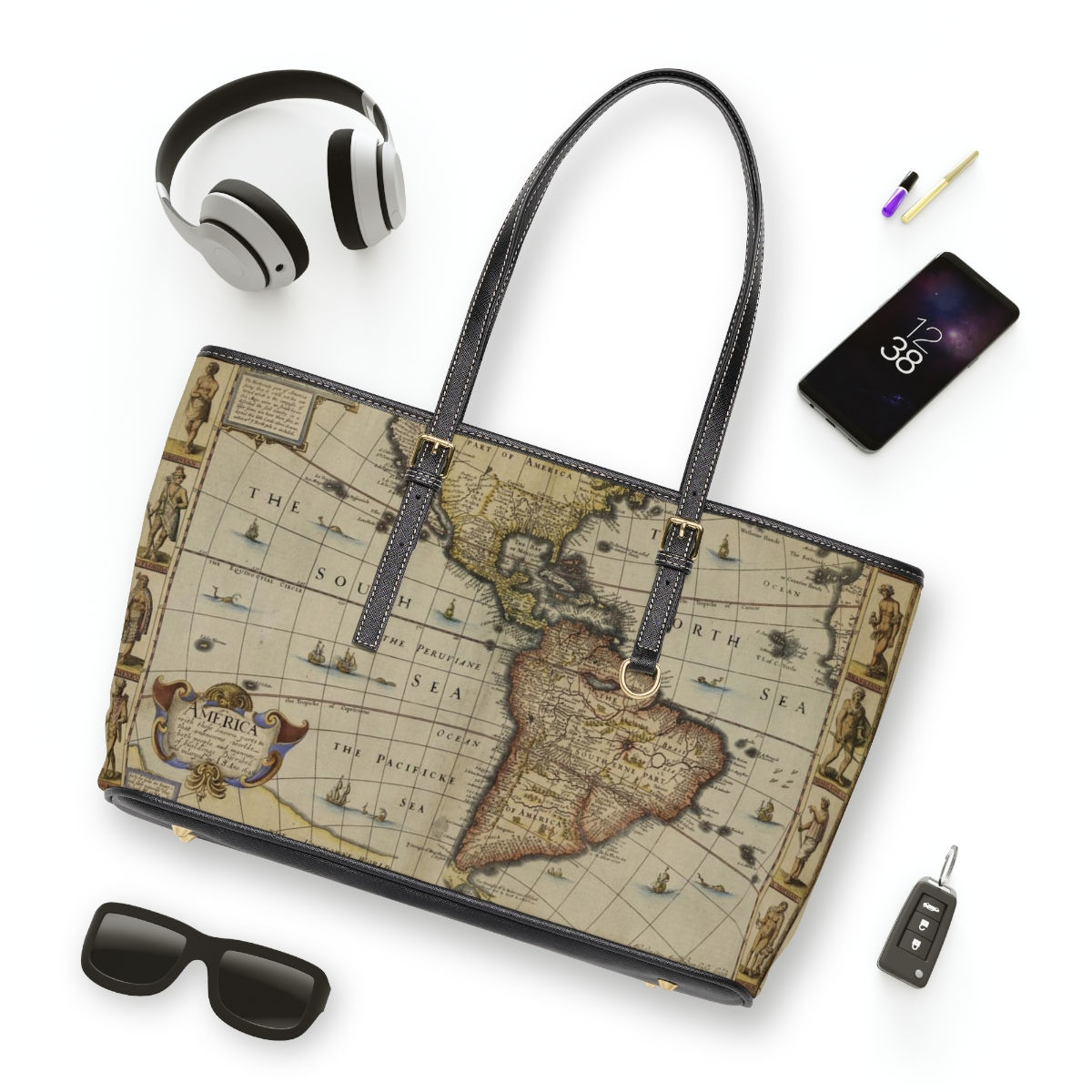 Leather Shoulder Bag in a Vintage Map