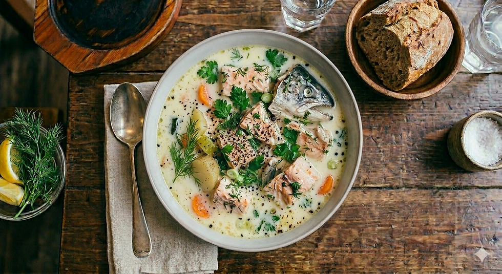 Close-up view of a rustic kitchen table set with fresh ingredients