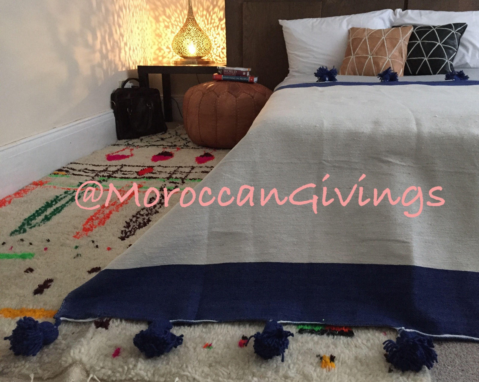Moroccan Handwoven Pom Pom Blanket ( PB073)
