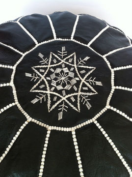 Thumbnail: Leather Pouffe Black with white embroidery (P414)