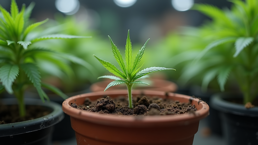 Eye-level view of a cannabis clone being transplanted into soil in a small pot