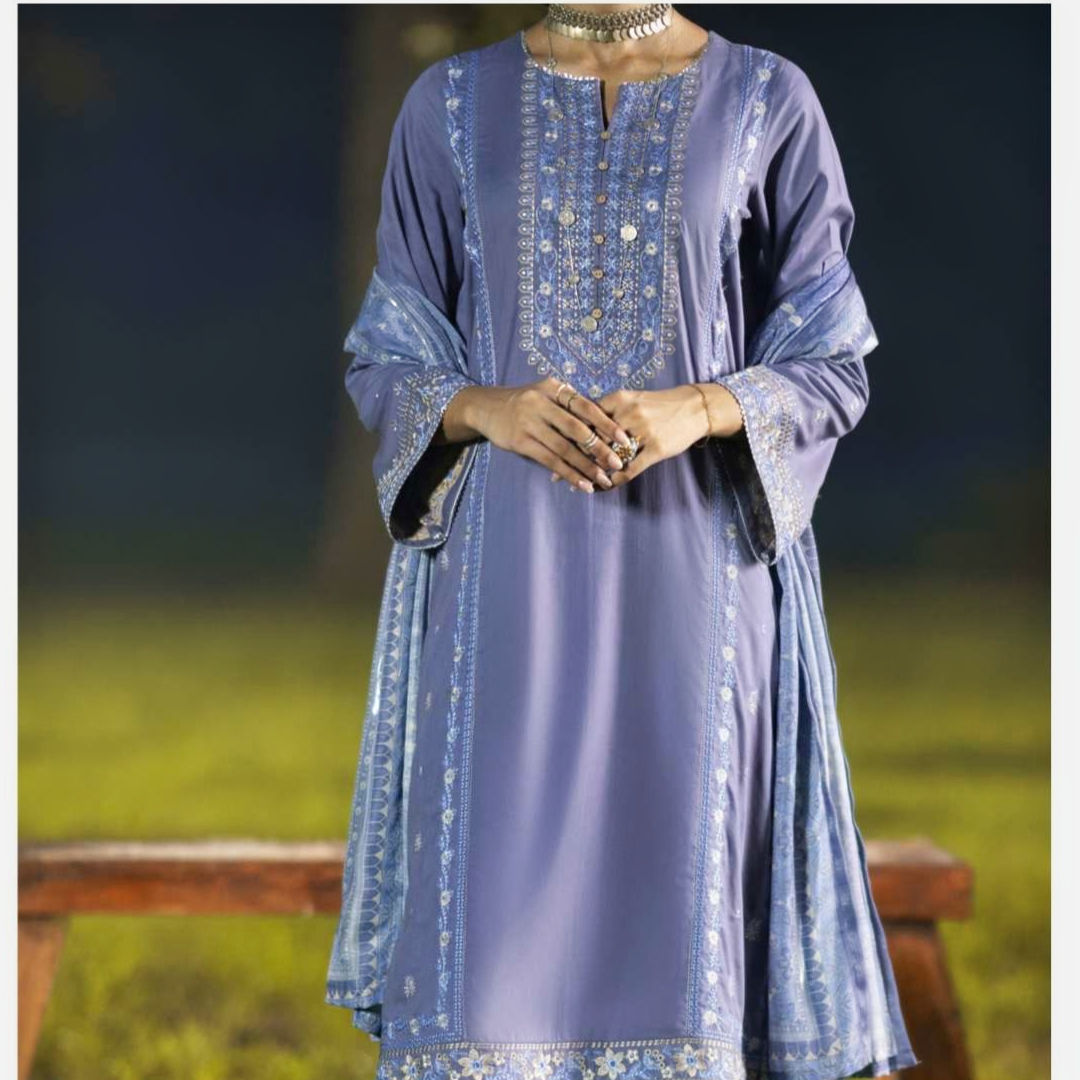 Casuallite Khamoshi Embroidered Lavender 3pc Linen