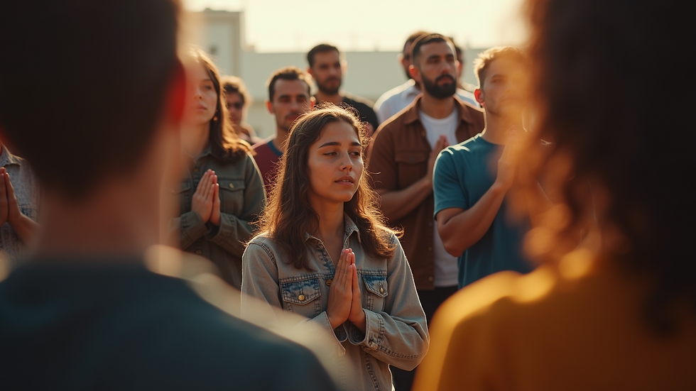 Eye-level view of a diverse group of people gathered in a circle for prayer