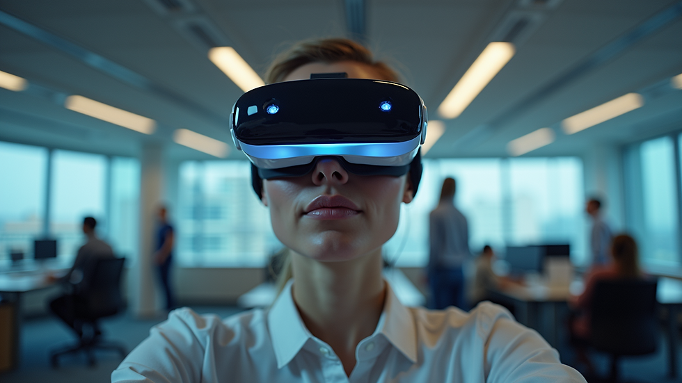 Eye-level view of a person using augmented reality glasses in a modern office