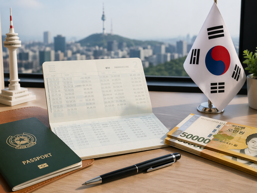 Meja kerja dengan paspor hijau, buku tabungan terbuka menampilkan mutasi saldo rekening, uang tunai won Korea Selatan, dan bendera Korea Selatan kecil dengan latar belakang pemandangan kota Seoul dan menara Namsan, menggambarkan persiapan dokumen keuangan untuk pengajuan visa Korea Selatan seperti bukti saldo rekening, rekening koran, dan dokumen perjalanan.