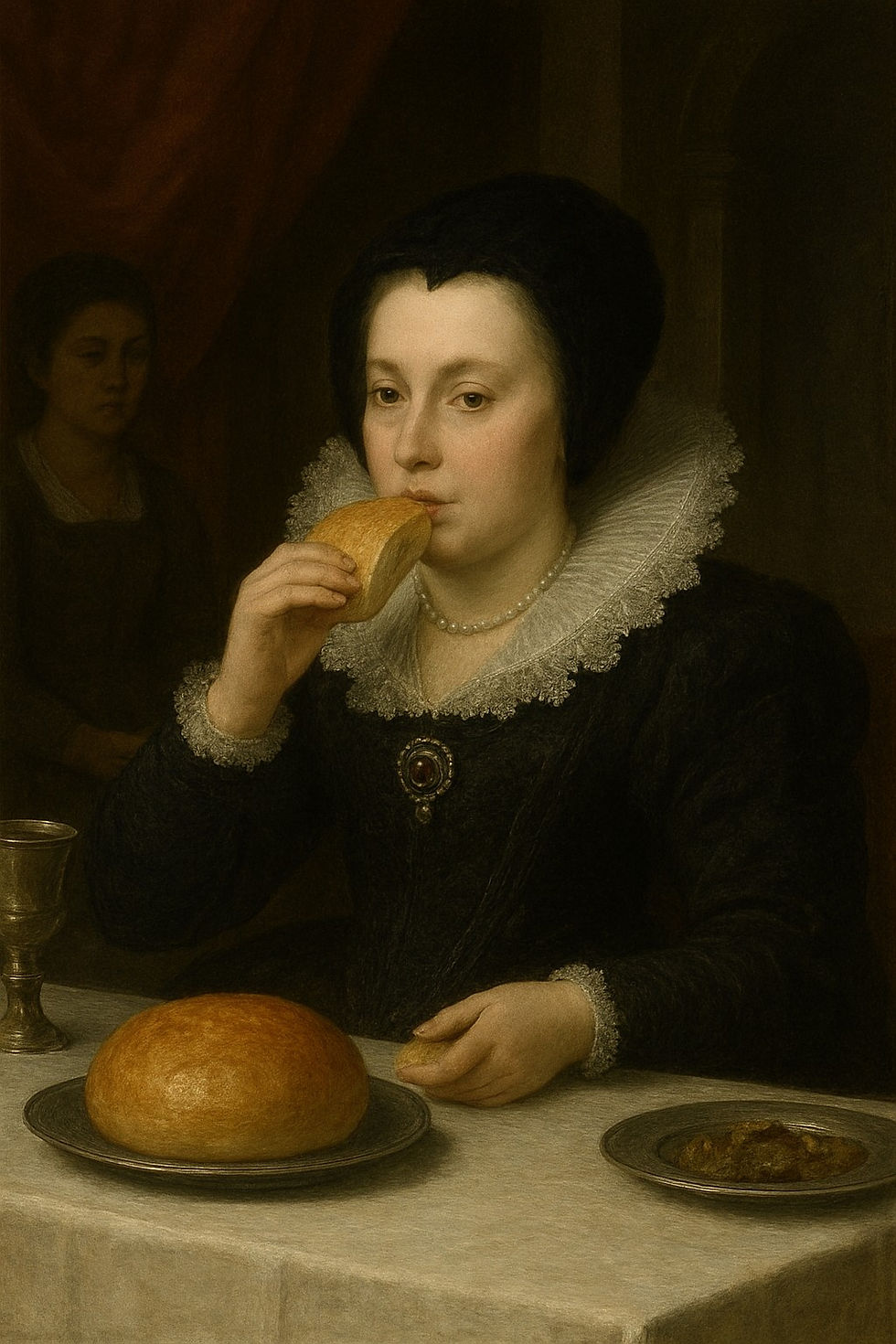 Marie de Médicis dégustant du pain mollet de Gonesse (source : Imagé générée par l’IA)