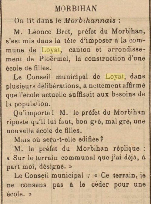 Extrait du « Morbihannais » de 1887 sur la construction d’une école de filles (source : Gallica BNF)