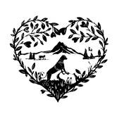 Remidi logo decoupage of a heart with a dog in the mountains