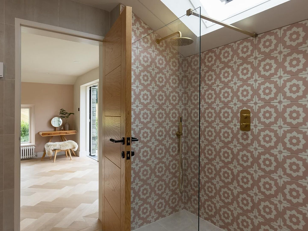 walk in shower with patterned tiles and glass screen – bathroom – LA Associates Falmouth.j