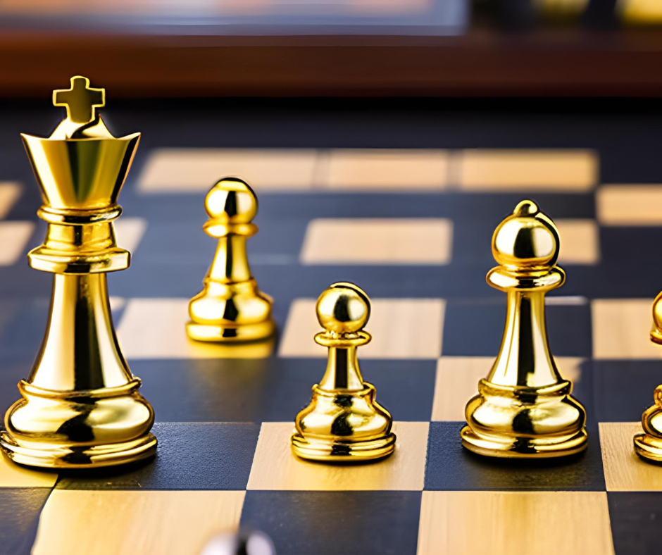 Section of a chess board with golden chess pieces