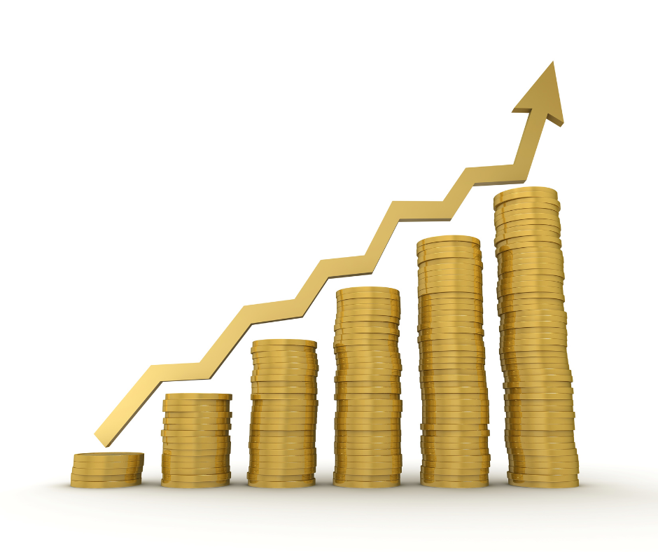 Gold coins going up in steps with a gold arrow going along it. 