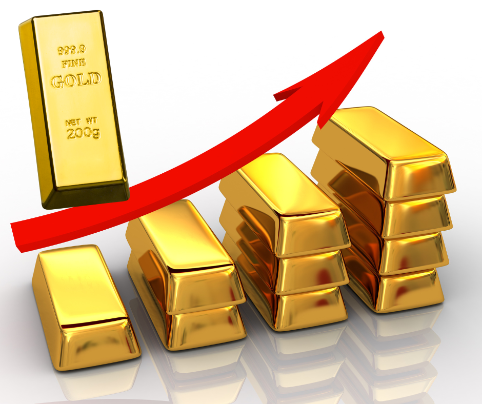 gold bars going up in steps with a red arrow going up along it. A separate gold bar at the top left. 
