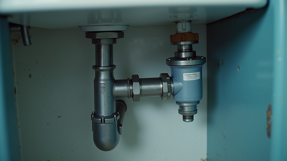 Close-up view of a water leak detection device installed under a sink