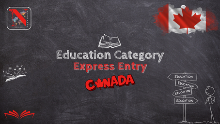 Chalkboard with NishasNet logo "Education Category Express Entry CANADA," Canada flag, books, and a doodle signpost showing "Education" directions.