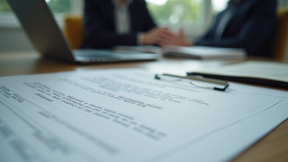 Eye-level view of a desk with immigration paperwork and a laptop