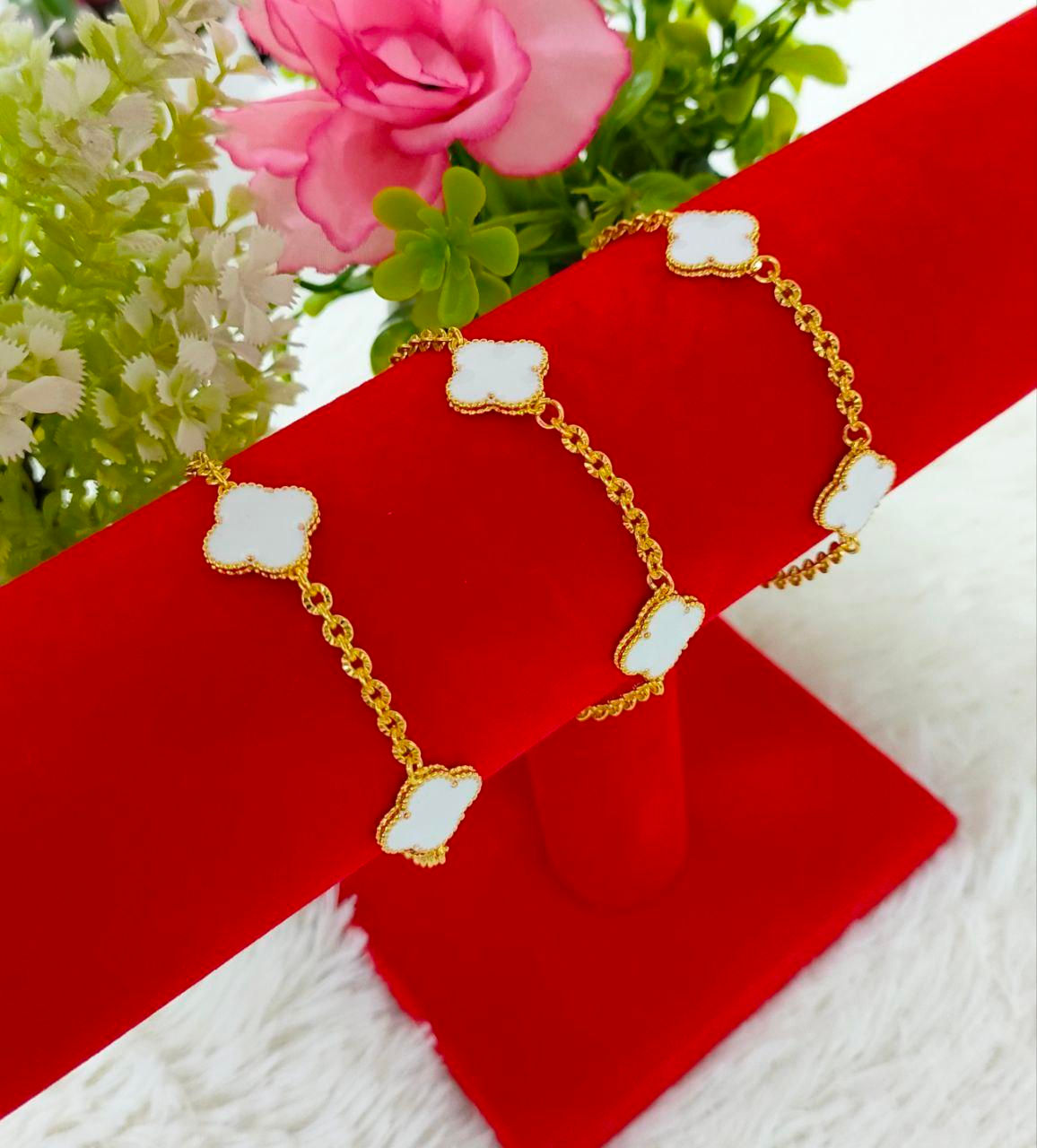 EMAS KOREA 24K 916 RANTAI TANGAN SUN FLOWER + COLOUR DAUN WHITE