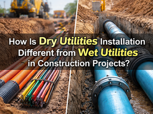 Split trench showing dry utilities with electrical and fiber optic conduits alongside wet utilities with underground water and sewer pipes on a construction site
