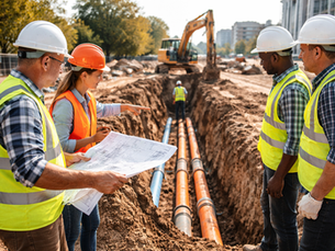 Construction crews coordinating underground utility installation on an active jobsite with trenching in progress