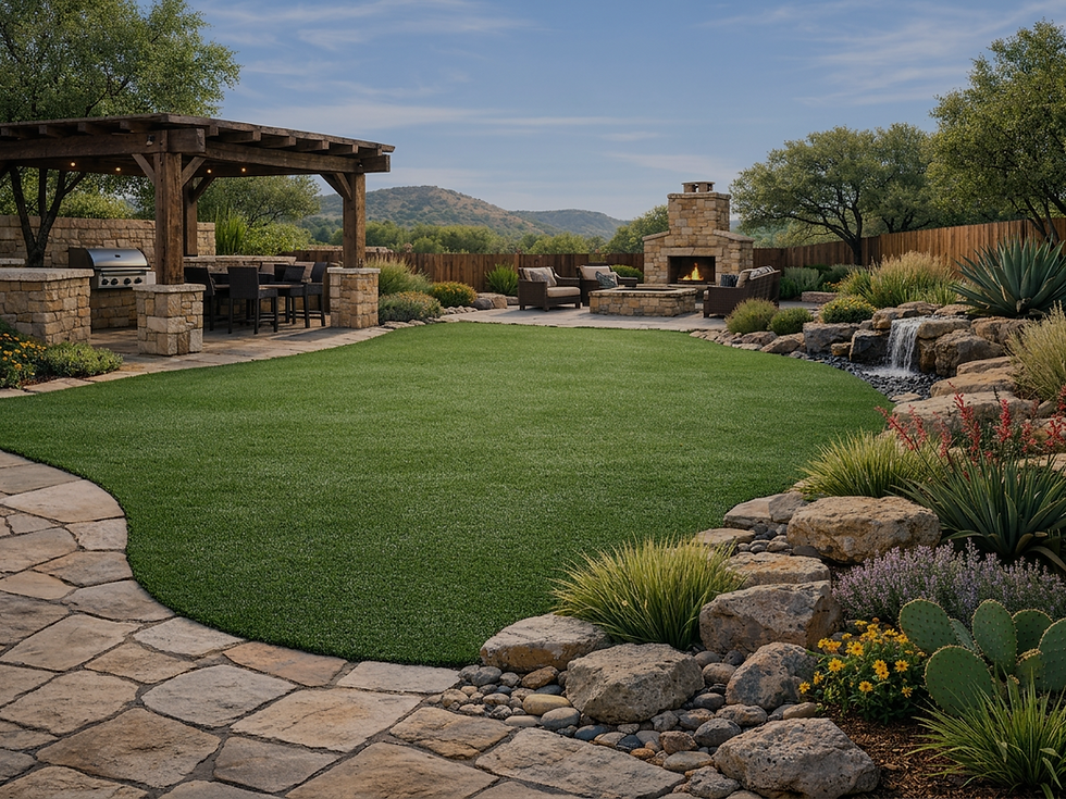 Backyard with artificial turf, pergola, and stone fireplace