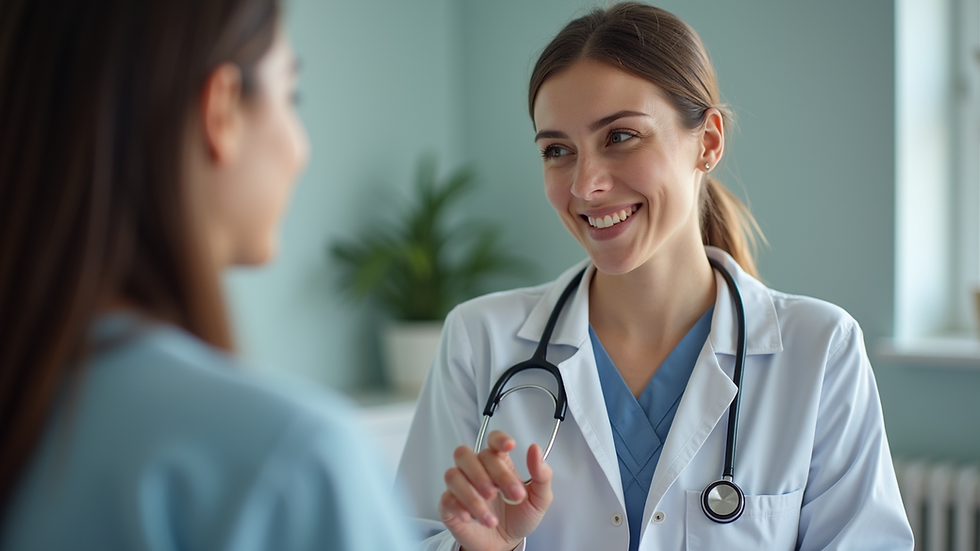 Close-up view of a healthcare provider explaining reproductive health options to a patient