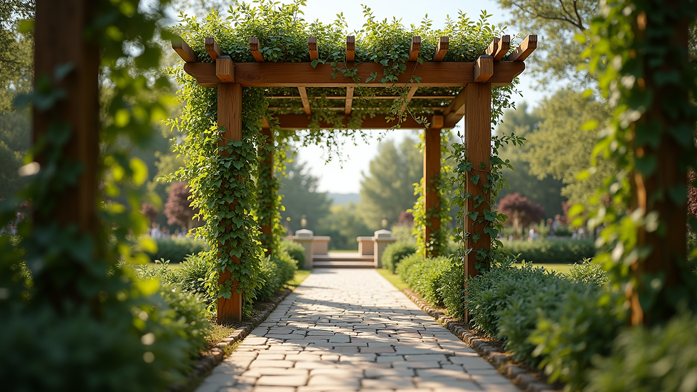 Eye-level view of a wooden custom pergola with climbing vines
