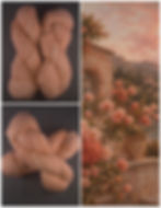 Romantic coastal landscape in coral, peach, shell pink, soft blue, and warm stone tones. With matching yarn