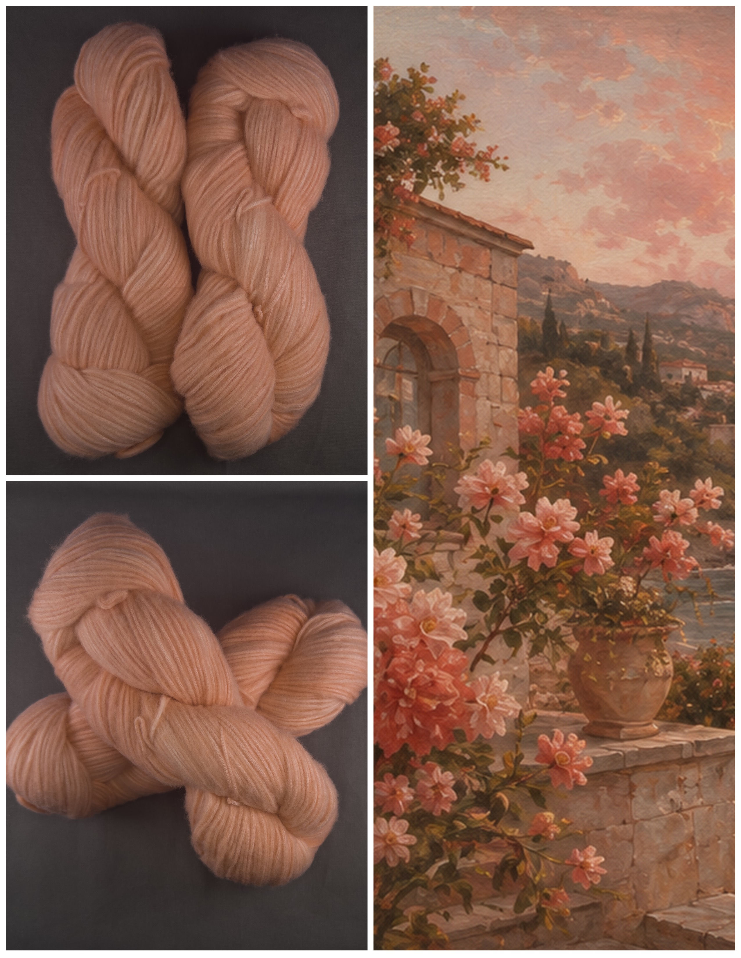 Romantic coastal landscape in coral, peach, shell pink, soft blue, and warm stone tones. With matching yarn