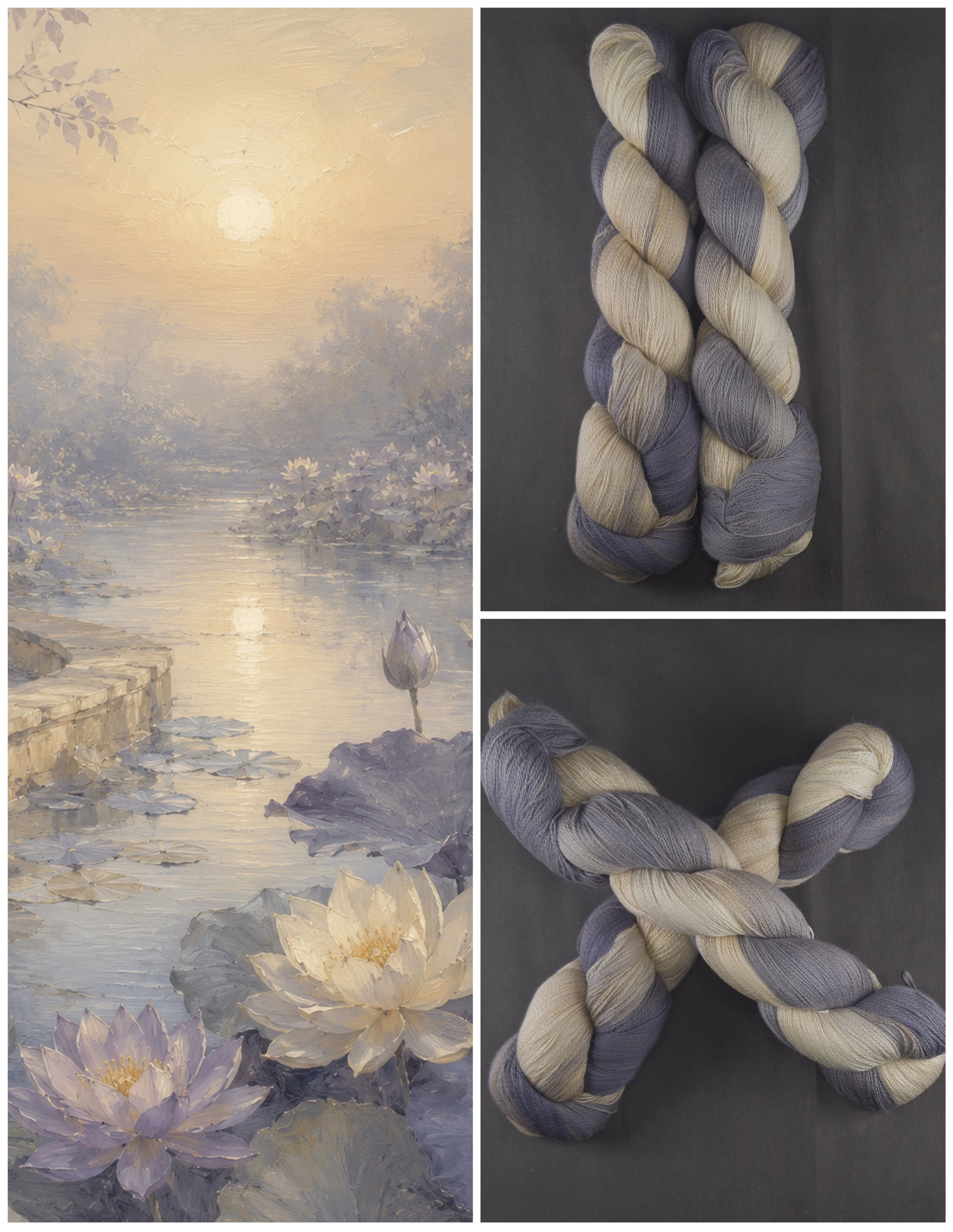 Misty lotus garden with ivory flowers, lavender-grey lily pads, pale stone path, and soft golden light.