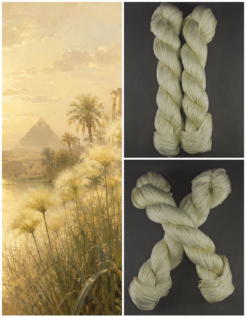 Collage of Vintage-style Egyptian landscape with Nile sailboat, pyramids, papyrus reeds, and desert light and matching yarn
