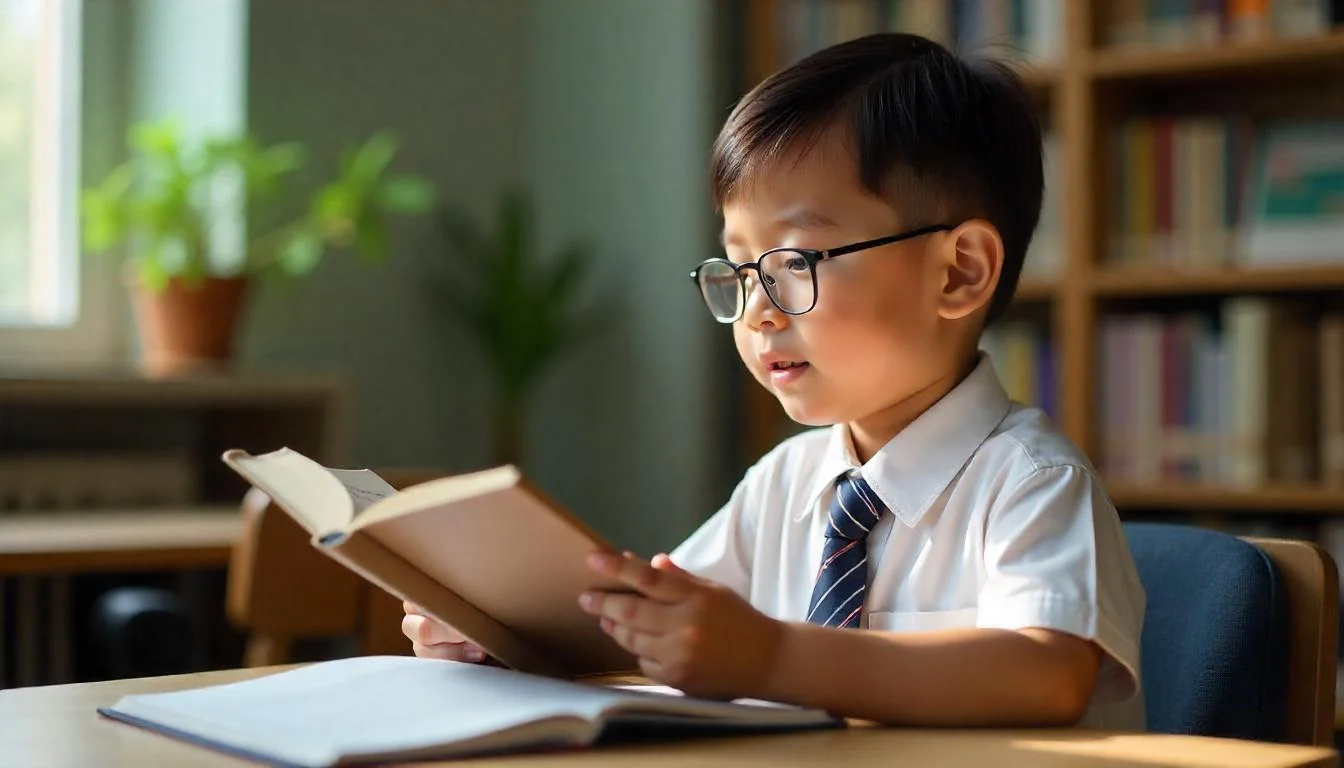 A primary school pupil practising reading aloud with expression