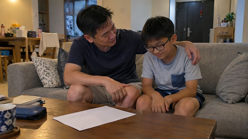 父亲在孩子考试失利后搂着儿子安慰他