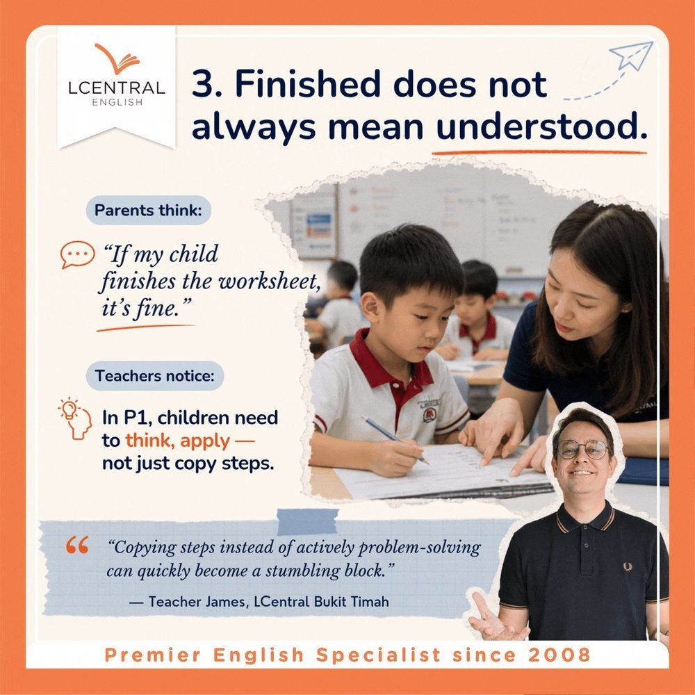 Finished does not always mean understood: in Primary 1 children need to think and apply, not just copy steps