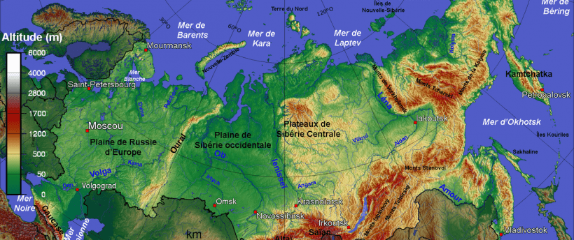 carte, Sibérie centrale, Poutorana, Kamtchatka, nature sauvage