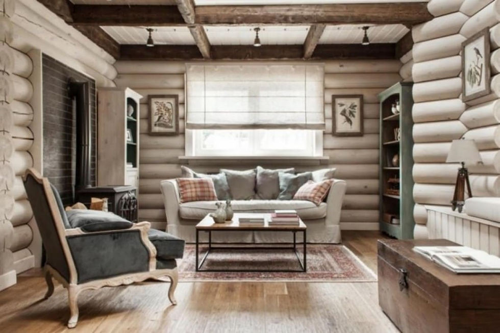 Interieur d'une maison en rondins, le salon.