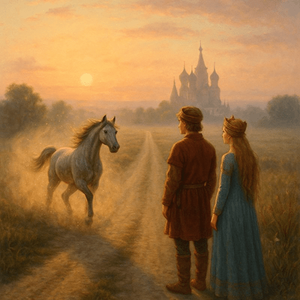 un couplesur un chemin qui mene a une église, regarde arriver un cheval blanc