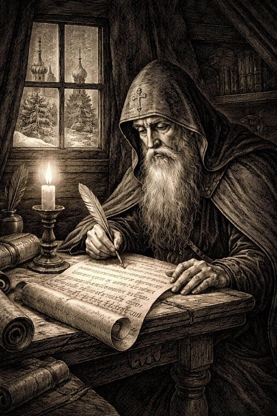 Le moine Philothée de Pskov a sa table de travail