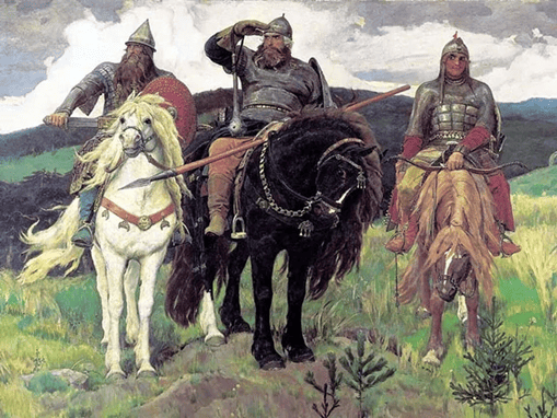 Tableau de V. Vasnetsov : « Bogatyrs », les 3 chevaliers