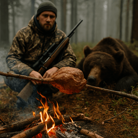 chasseur avec son fusil, faisant cuire de la viande, un ours est couche derrière lui