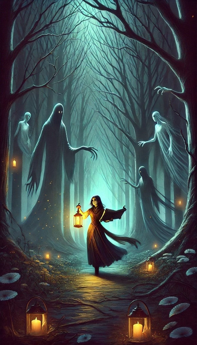 La nuit, une fille dans une foret peuplée de formes fantomatiques