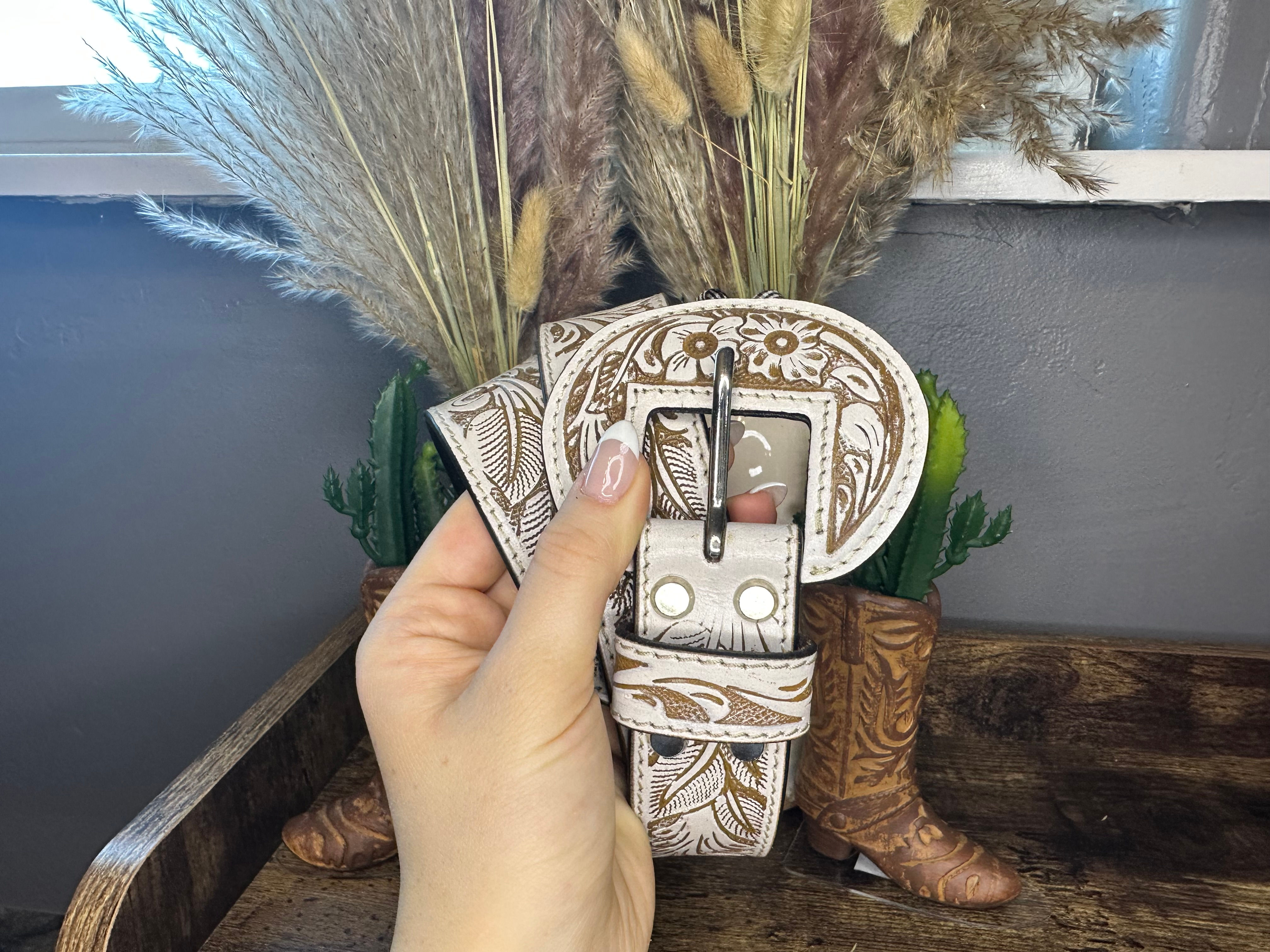 Leather Tooled Belt - White